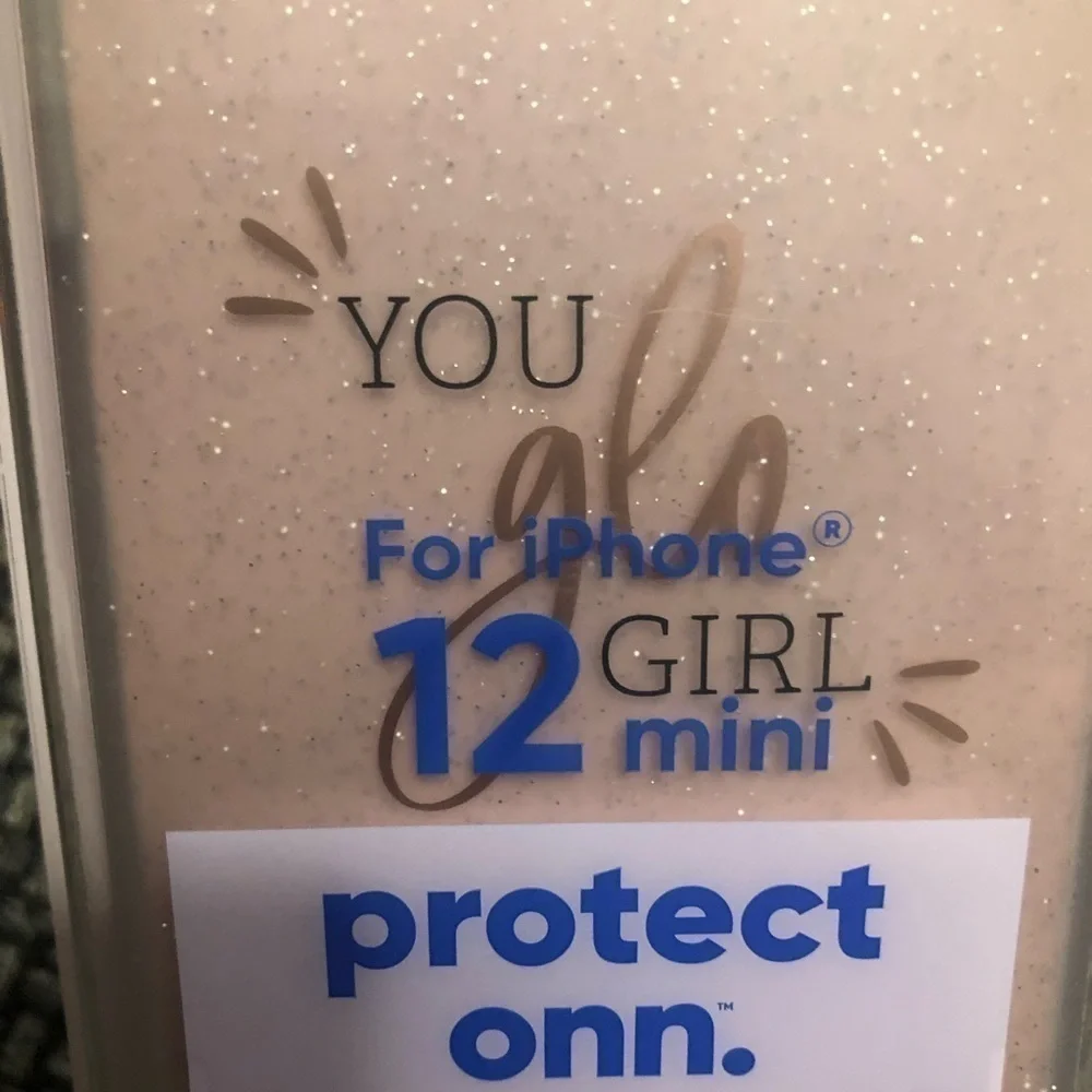 iPhone 12 mini phone case. Clear glittery says you glo girl on the back